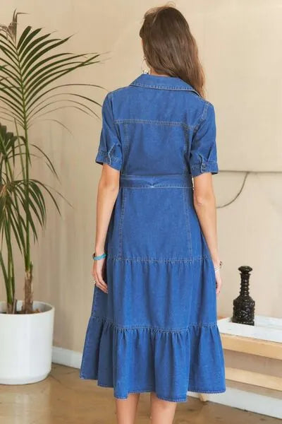 ADORA Tiered Button Down Tie Waist Short Sleeve Denim Dress - Reed + Raven