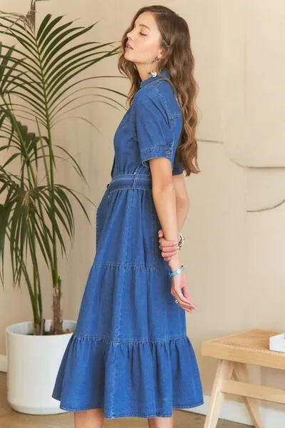 ADORA Tiered Button Down Tie Waist Short Sleeve Denim Dress - Reed + Raven