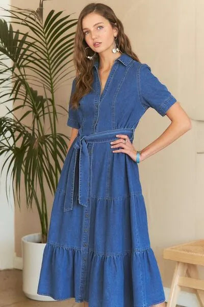 ADORA Tiered Button Down Tie Waist Short Sleeve Denim Dress - Reed + Raven
