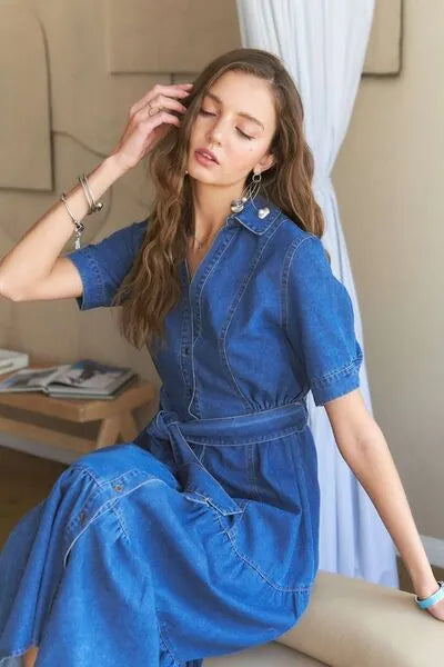 ADORA Tiered Button Down Tie Waist Short Sleeve Denim Dress - Reed + Raven