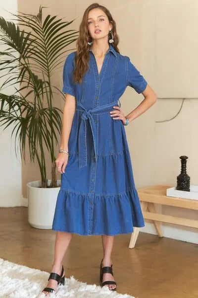 ADORA Tiered Button Down Tie Waist Short Sleeve Denim Dress - Reed + Raven