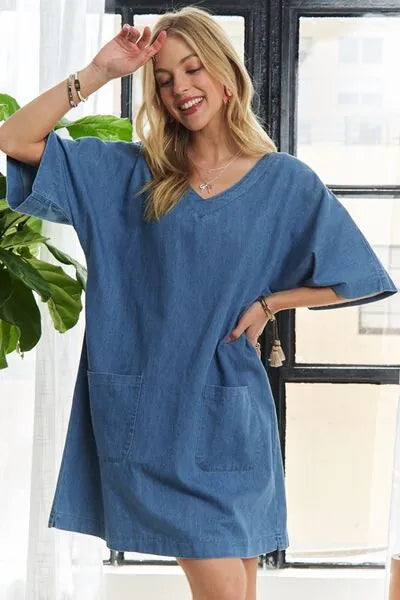 ADORA V - Neck Half Sleeve Mini Denim Dress - Reed + Raven