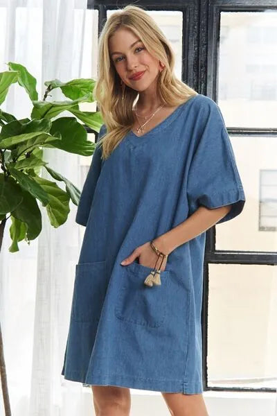 ADORA V - Neck Half Sleeve Mini Denim Dress - Reed + Raven