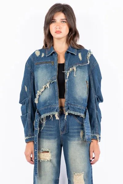 American Bazi Full Size Distressed Frayed Edge Zip Up Denim Jacket Plus Size - Reed + Raven