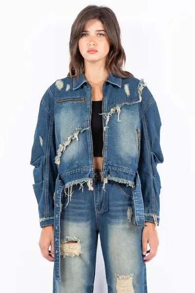 American Bazi Full Size Distressed Frayed Edge Zip Up Denim Jacket Plus Size - Reed + Raven