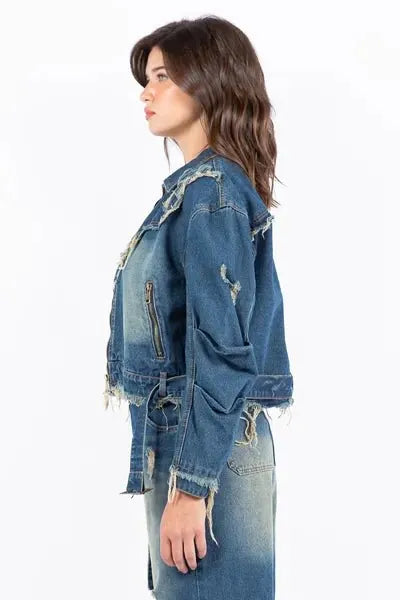 American Bazi Full Size Distressed Frayed Edge Zip Up Denim Jacket Plus Size - Reed + Raven