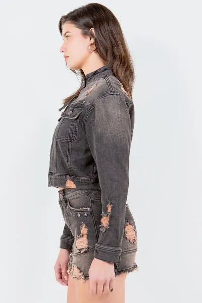 American Bazi Full Size Distressed Star Stud Trim Denim Rider Jacket Plus Size - Reed + Raven