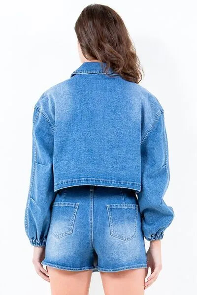 American Bazi Full Size Drop Shoulder Cropped Denim Jacket with Waist Strap Plus Size - Reed + Raven