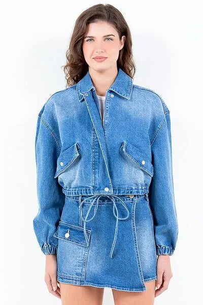 American Bazi Full Size Drop Shoulder Cropped Denim Jacket with Waist Strap Plus Size - Reed + Raven