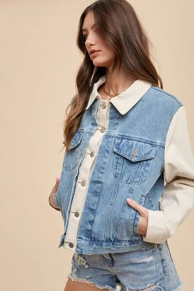 Annie Wear Collared Neck Double Placket Denim Jacket - Reed + Raven
