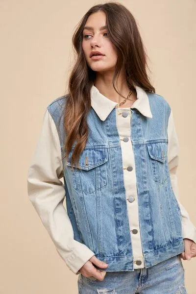 Annie Wear Collared Neck Double Placket Denim Jacket - Reed + Raven