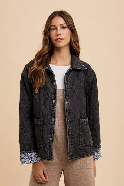 Annie Wear Quilted Printed Lining Snap Down Denim Jacket - Reed + Raven