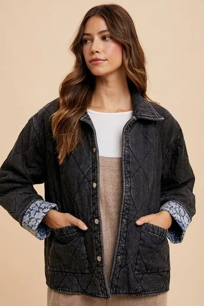 Annie Wear Quilted Printed Lining Snap Down Denim Jacket - Reed + Raven