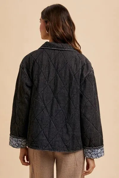 Annie Wear Quilted Printed Lining Snap Down Denim Jacket - Reed + Raven