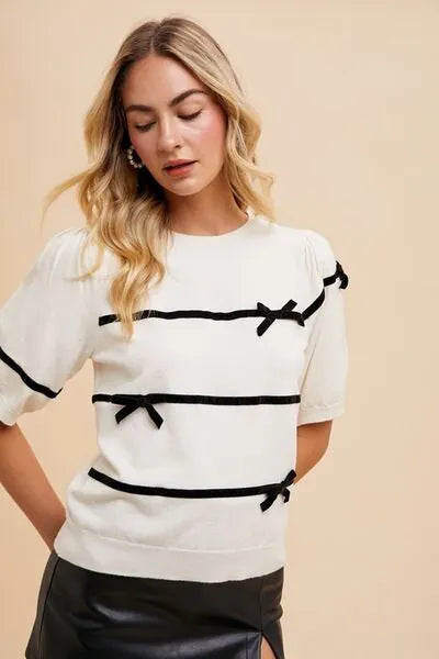 Annie Wear Striped Bow Round Neck Knit Top - Reed + Raven