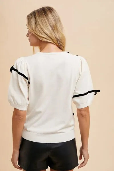 Annie Wear Striped Bow Round Neck Knit Top - Reed + Raven