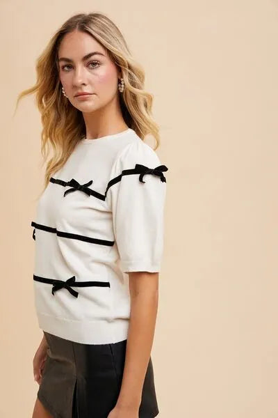 Annie Wear Striped Bow Round Neck Knit Top - Reed + Raven