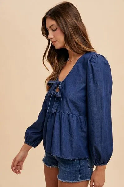Annie Wear Tie Front Peplum Long Sleeve Denim Top - Reed + Raven