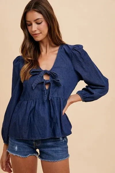 Annie Wear Tie Front Peplum Long Sleeve Denim Top - Reed + Raven