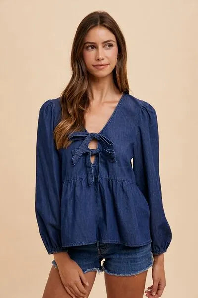Annie Wear Tie Front Peplum Long Sleeve Denim Top - Reed + Raven