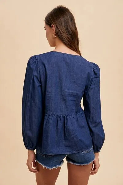Annie Wear Tie Front Peplum Long Sleeve Denim Top - Reed + Raven