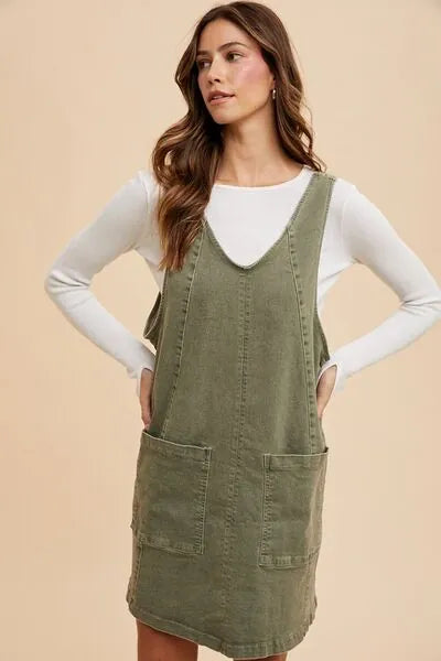 Annie Wear V - Neck Adjustable Strap Denim Overall Dress with Pockets - Reed + Raven