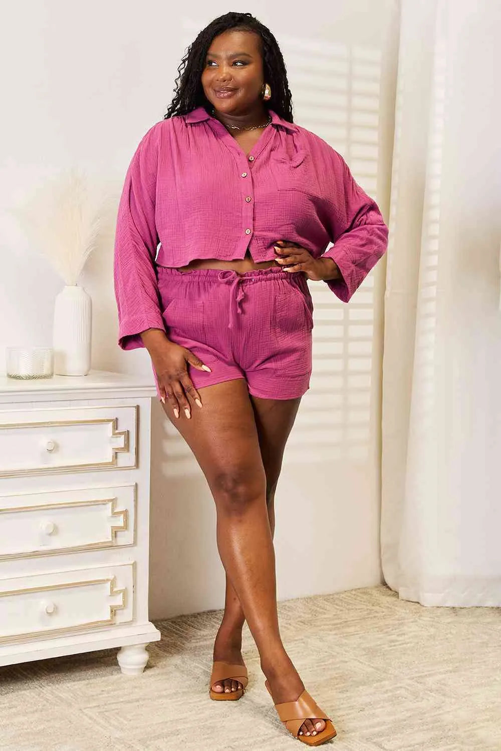 Basic Bae Buttoned Long Sleeve Top and Shorts Set - Reed + Raven