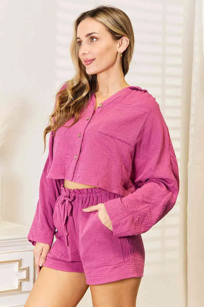 Basic Bae Buttoned Long Sleeve Top and Shorts Set - Reed + Raven