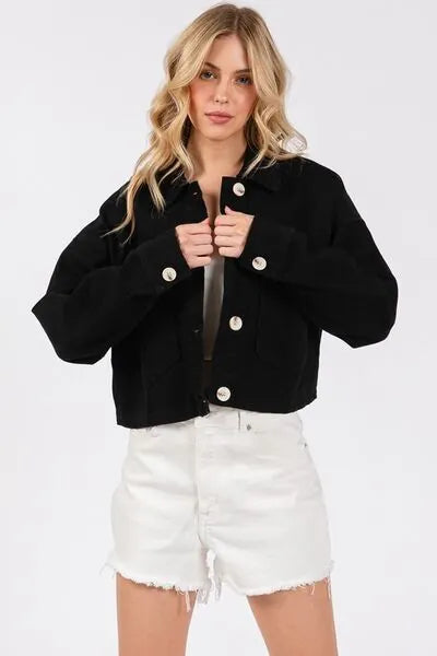 bytos Button Down Cropped Denim Jacket with Patch Pockets - Reed + Raven