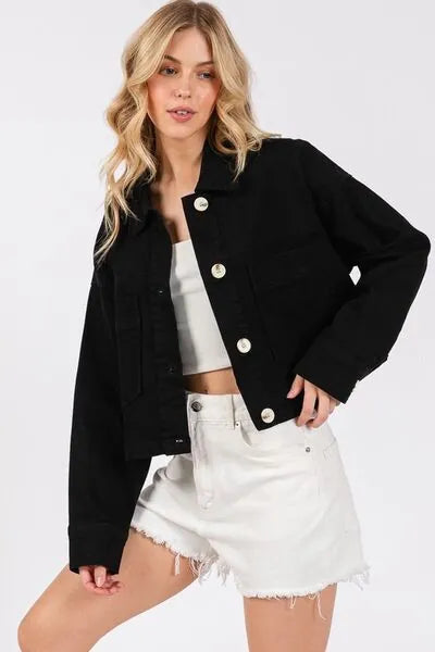 bytos Button Down Cropped Denim Jacket with Patch Pockets - Reed + Raven