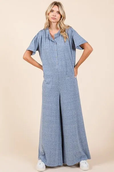Mittoshop Button Detail Short Sleeve Wide Leg Jumpsuit - Reed + Raven