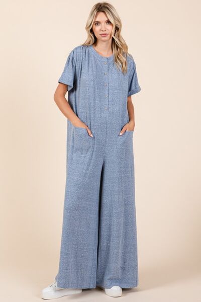 Mittoshop Button Detail Short Sleeve Wide Leg Jumpsuit - Reed + Raven