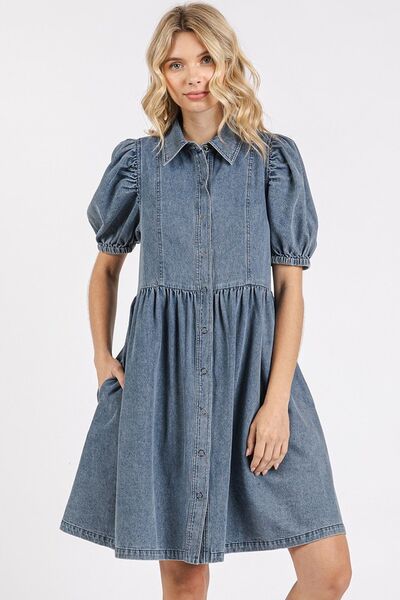 Mittoshop Button Down Puff Sleeve Denim Dress - Reed + Raven