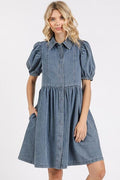 Mittoshop Button Down Puff Sleeve Denim Dress - Reed + Raven