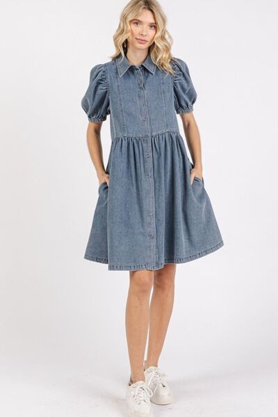 Mittoshop Button Down Puff Sleeve Denim Dress - Reed + Raven