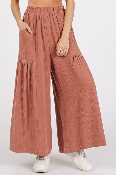 Mittoshop Gauze Elastic Waist Pleated Wide Leg Pants - Reed + Raven