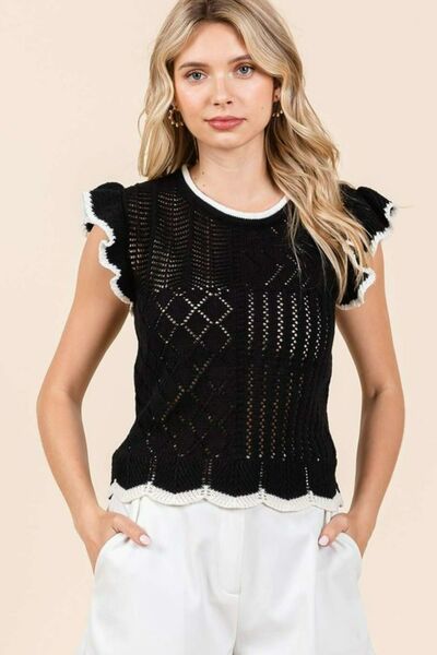 Mittoshop Openwork Contrast Trim Ruffled Cap Sleeve Knit Top - Reed + Raven