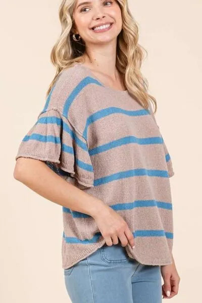 Mittoshop Striped Flounce Sleeve Knit Top - Reed + Raven