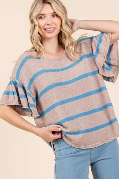 Mittoshop Striped Flounce Sleeve Knit Top - Reed + Raven