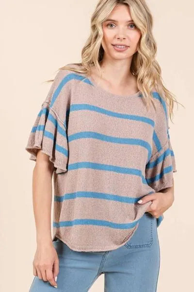 Mittoshop Striped Flounce Sleeve Knit Top - Reed + Raven
