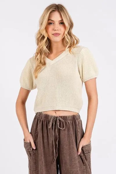 Mittoshop V - Neck Short Sleeve Crop Sweater - Reed + Raven
