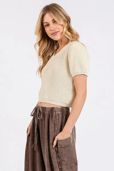 Mittoshop V - Neck Short Sleeve Crop Sweater - Reed + Raven