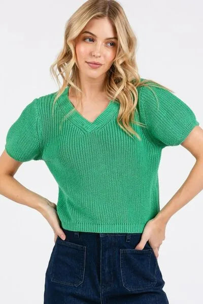 Mittoshop V - Neck Short Sleeve Crop Sweater - Reed + Raven