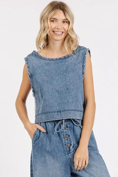 Mittoshop Washed Denim Distressed Detail Crop Tank - Reed + Raven
