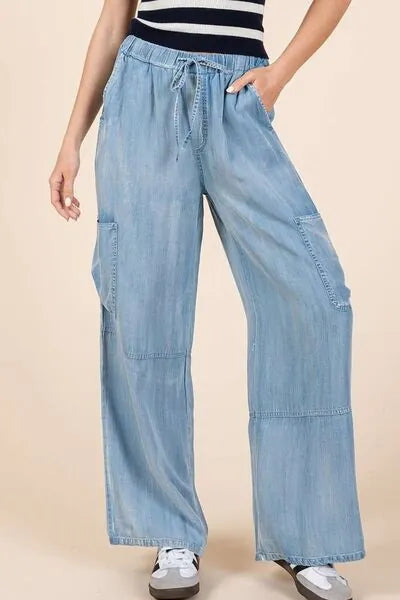 Mittoshop Washed Elastic Waist Cargo Wide Leg Pants - Reed + Raven