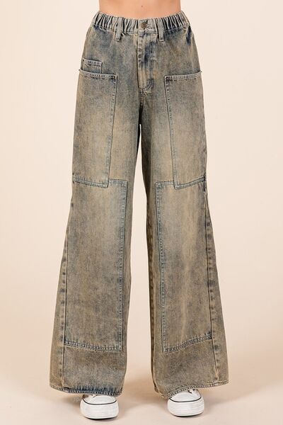 Mittoshop Washed Wide Leg Jeans with Pockets - Reed + Raven