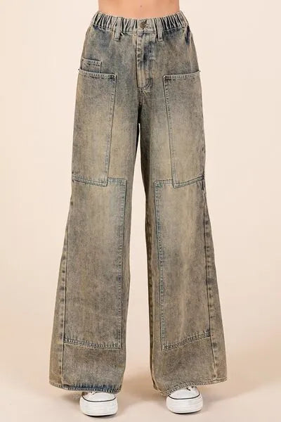 Mittoshop Washed Wide Leg Jeans with Pockets - Reed + Raven