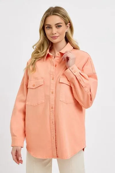 RISEN Full Size Button Down Long Sleeve Denim Shacket with Chest Pockets Plus Size - Reed + Raven