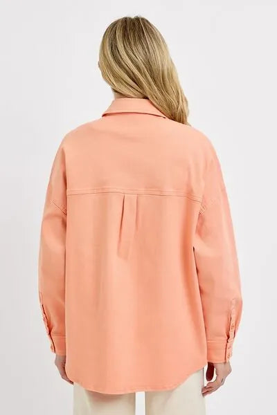 RISEN Full Size Button Down Long Sleeve Denim Shacket with Chest Pockets Plus Size - Reed + Raven