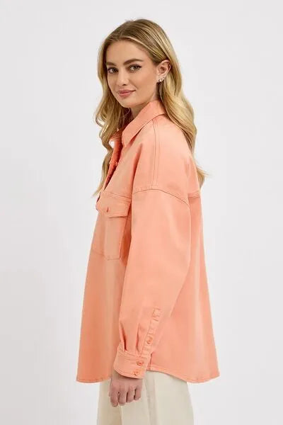 RISEN Full Size Button Down Long Sleeve Denim Shacket with Chest Pockets Plus Size - Reed + Raven